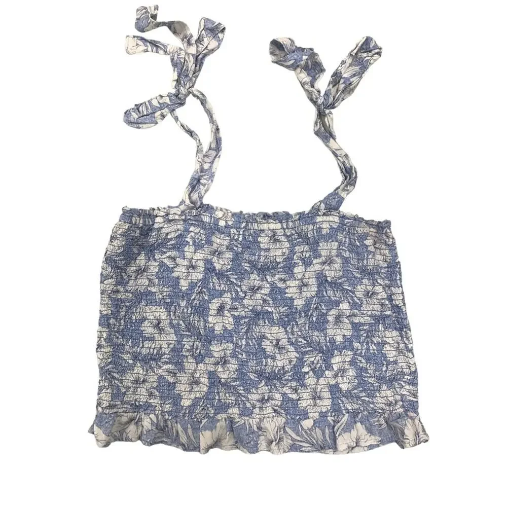 American Eagle Smocked Floral‎ Crop Top Blue White Size Medium